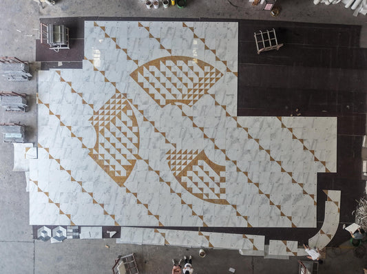 Chinese Fan Waterjet Marble Floor: Volakas White + Valencia Cream (Hotel Restaurant Project)