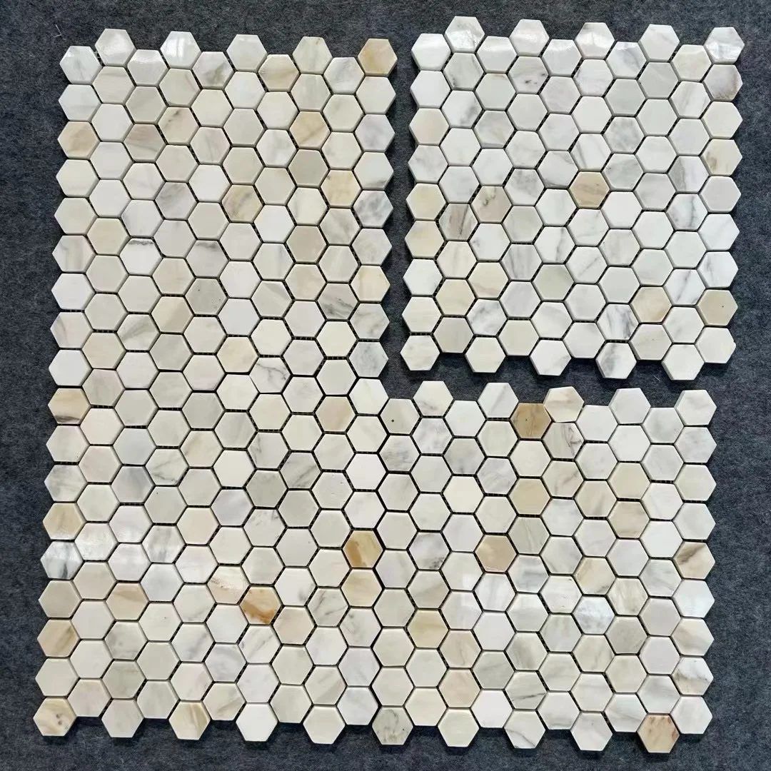 Three sheets of Calacatta Gold marble hexagon mosaic